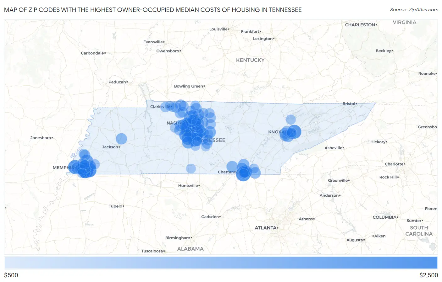 Zip Codes with the Highest Owner-Occupied Median Costs of Housing in Tennessee Map