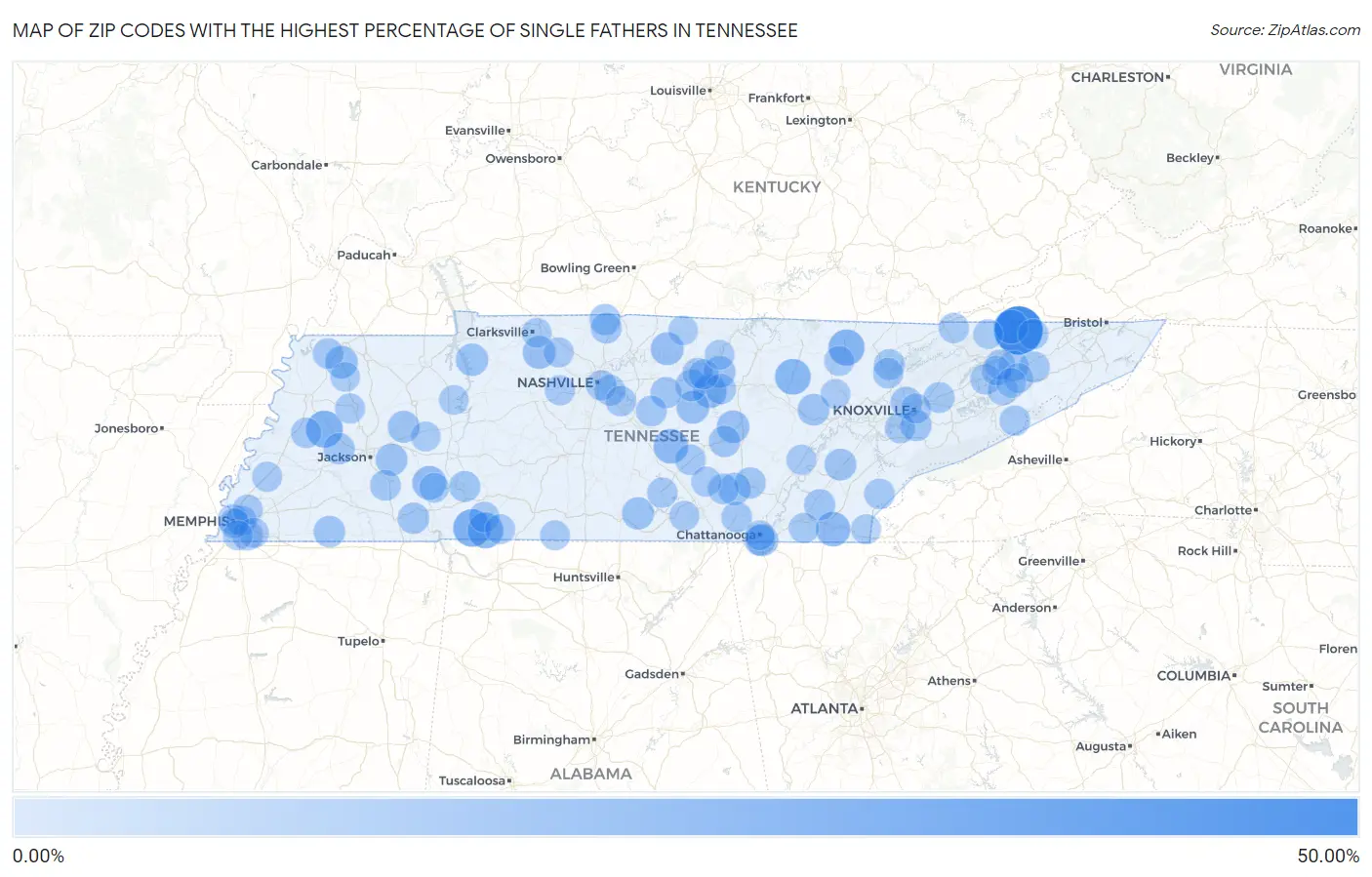 Zip Codes with the Highest Percentage of Single Fathers in Tennessee Map