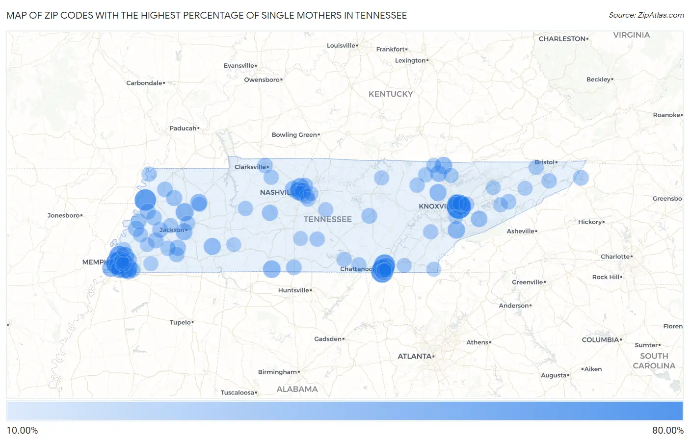 Zip Codes with the Highest Percentage of Single Mothers in Tennessee Map