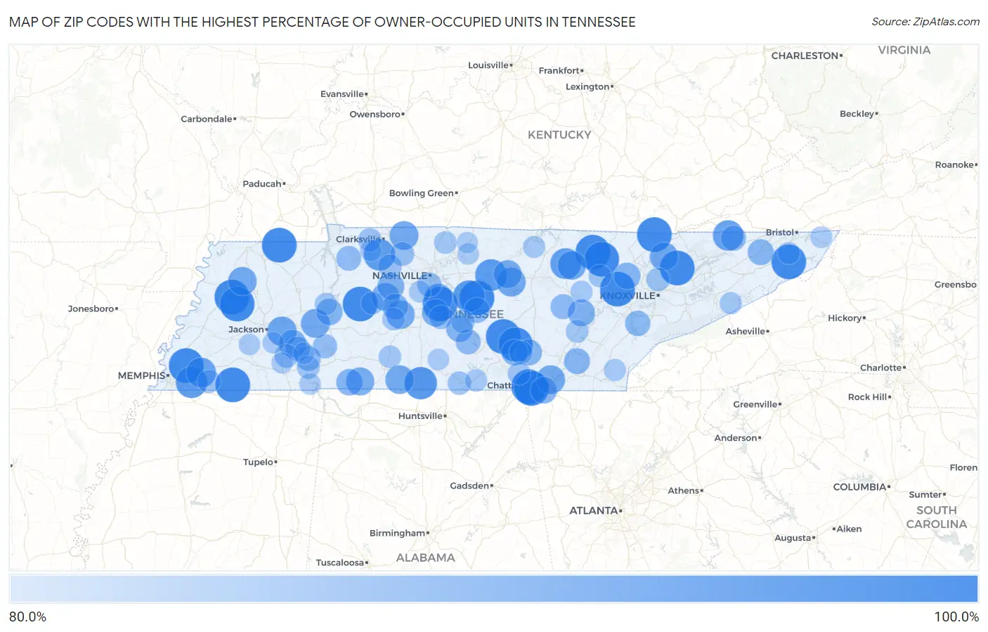 Zip Codes with the Highest Percentage of Owner-Occupied Units in Tennessee Map