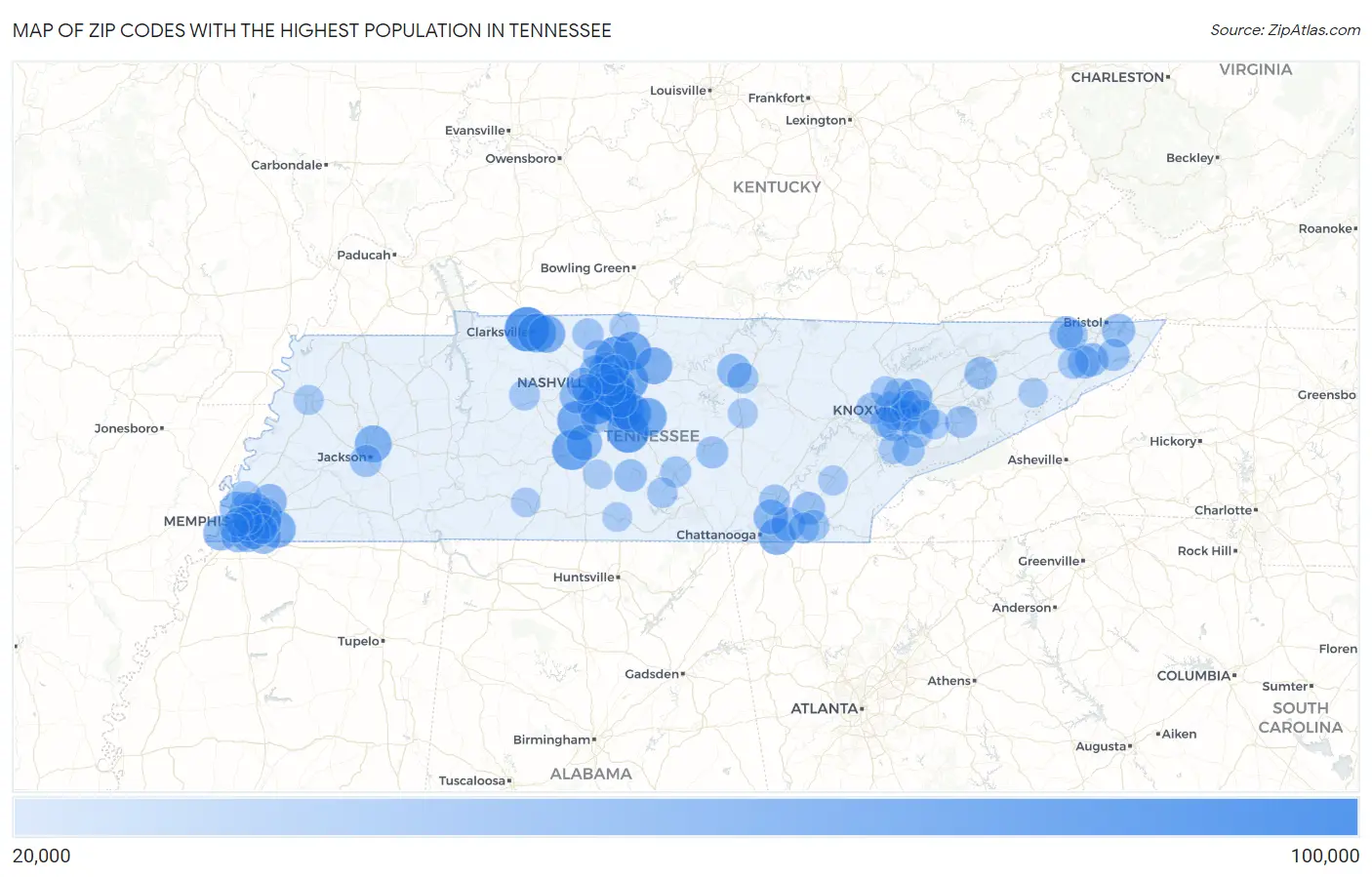 Zip Codes with the Highest Population in Tennessee Map