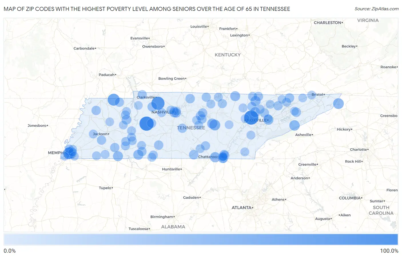 Zip Codes with the Highest Poverty Level Among Seniors Over the Age of 65 in Tennessee Map