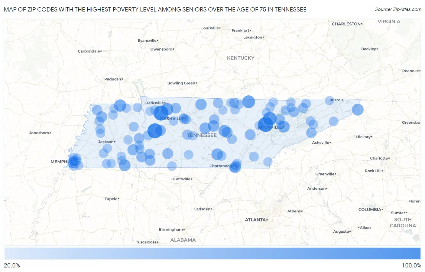 Zip Codes with the Highest Poverty Level Among Seniors Over the Age of 75 in Tennessee Map