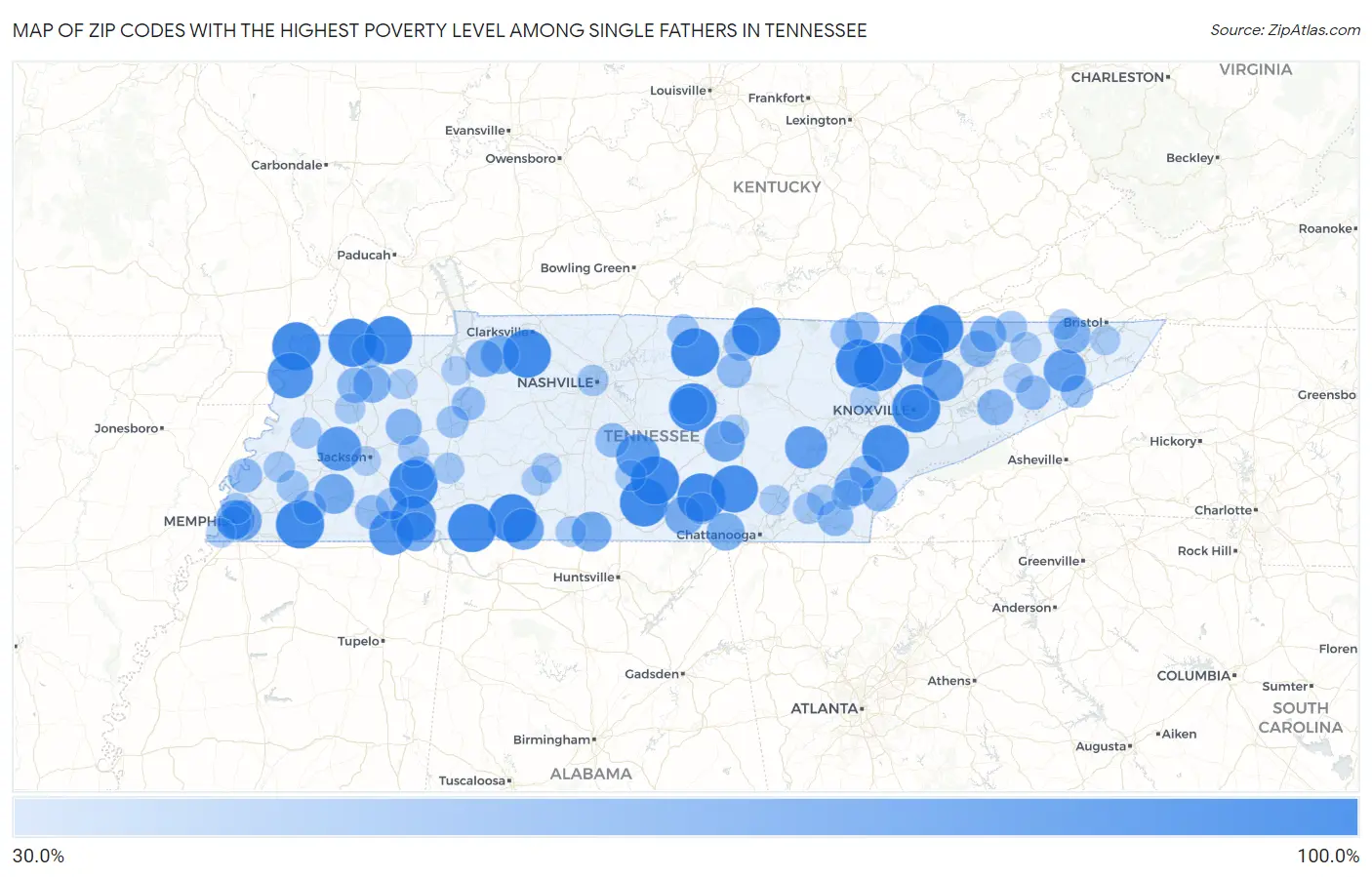 Zip Codes with the Highest Poverty Level Among Single Fathers in Tennessee Map