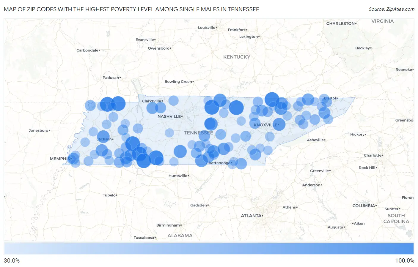 Zip Codes with the Highest Poverty Level Among Single Males in Tennessee Map