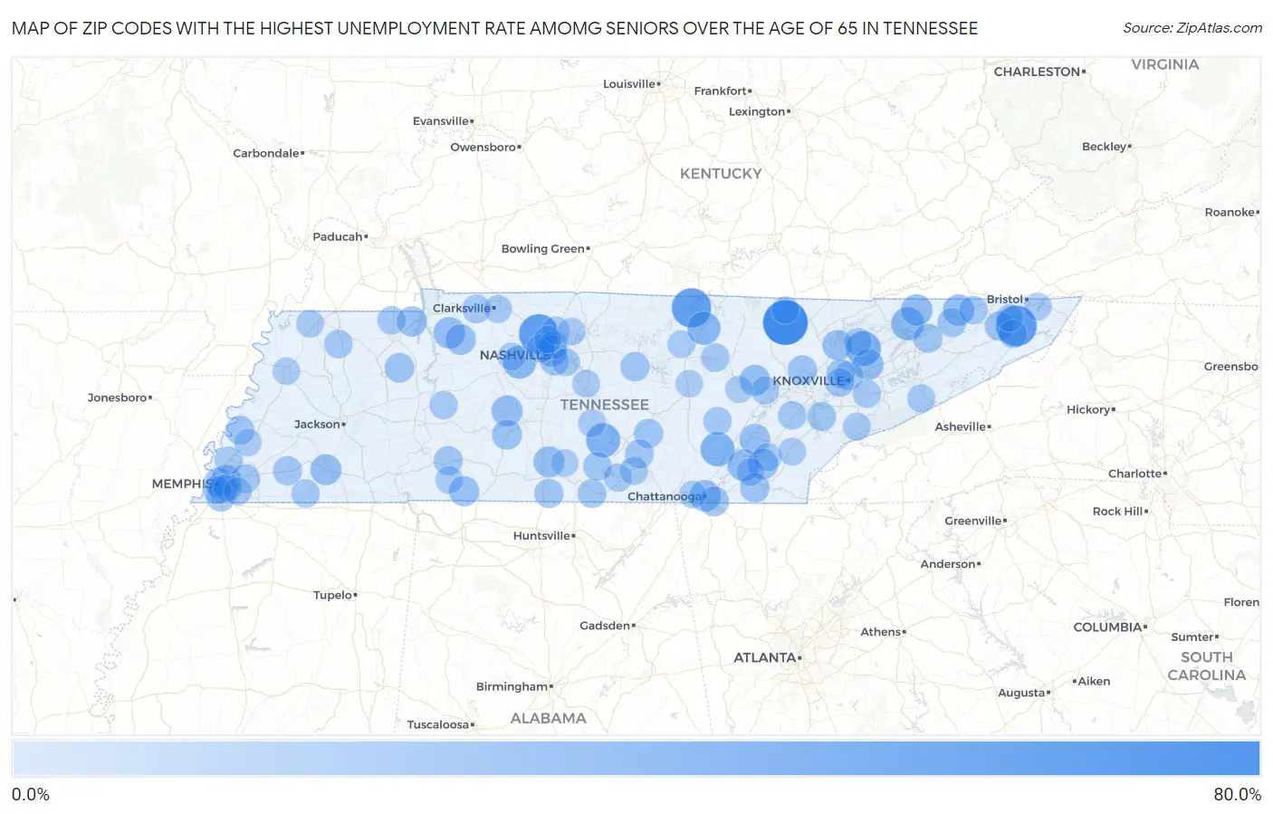 Zip Codes with the Highest Unemployment Rate Amomg Seniors Over the Age of 65 in Tennessee Map