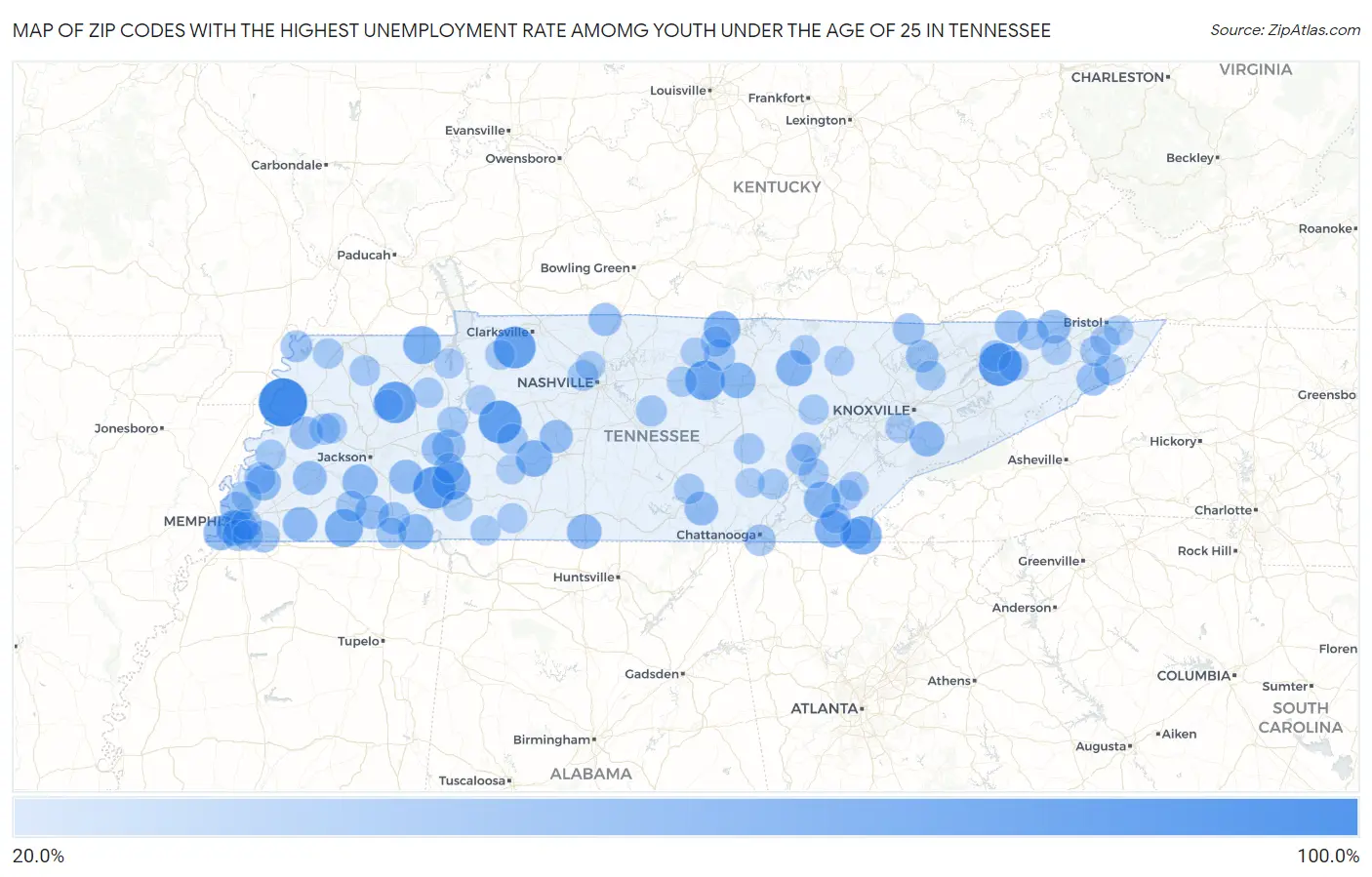 Zip Codes with the Highest Unemployment Rate Amomg Youth Under the Age of 25 in Tennessee Map