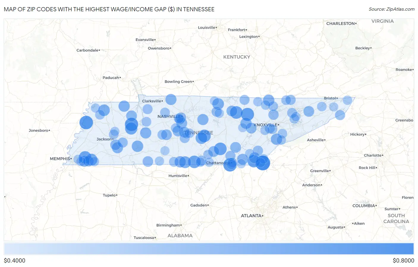Zip Codes with the Highest Wage/Income Gap ($) in Tennessee Map