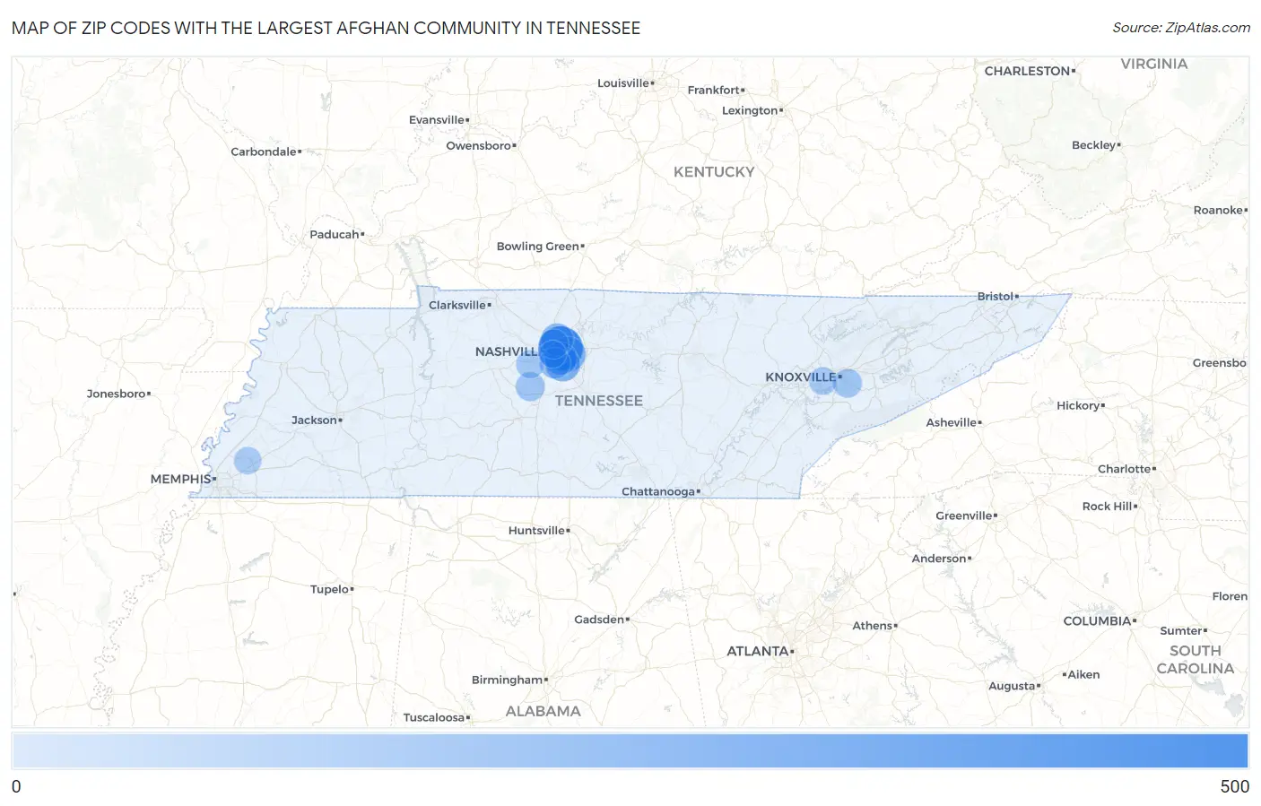 Zip Codes with the Largest Afghan Community in Tennessee Map
