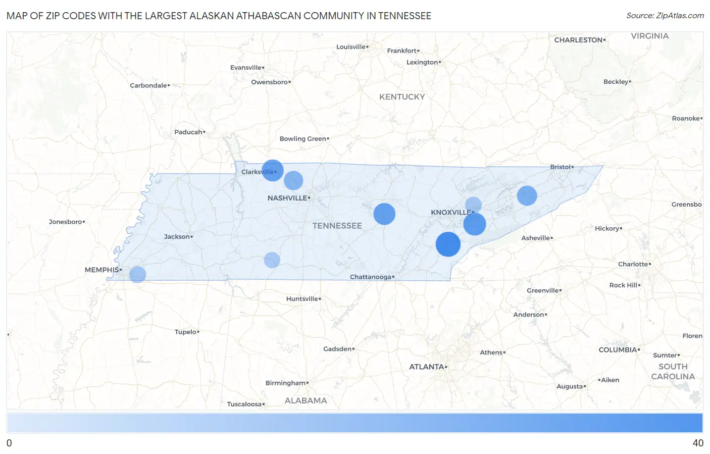 Zip Codes with the Largest Alaskan Athabascan Community in Tennessee Map