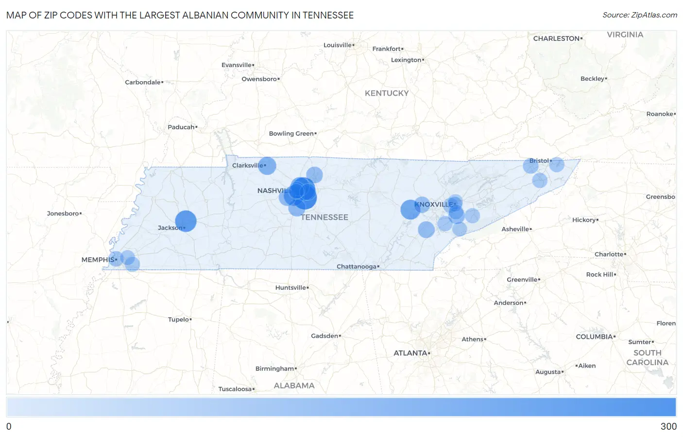 Zip Codes with the Largest Albanian Community in Tennessee Map