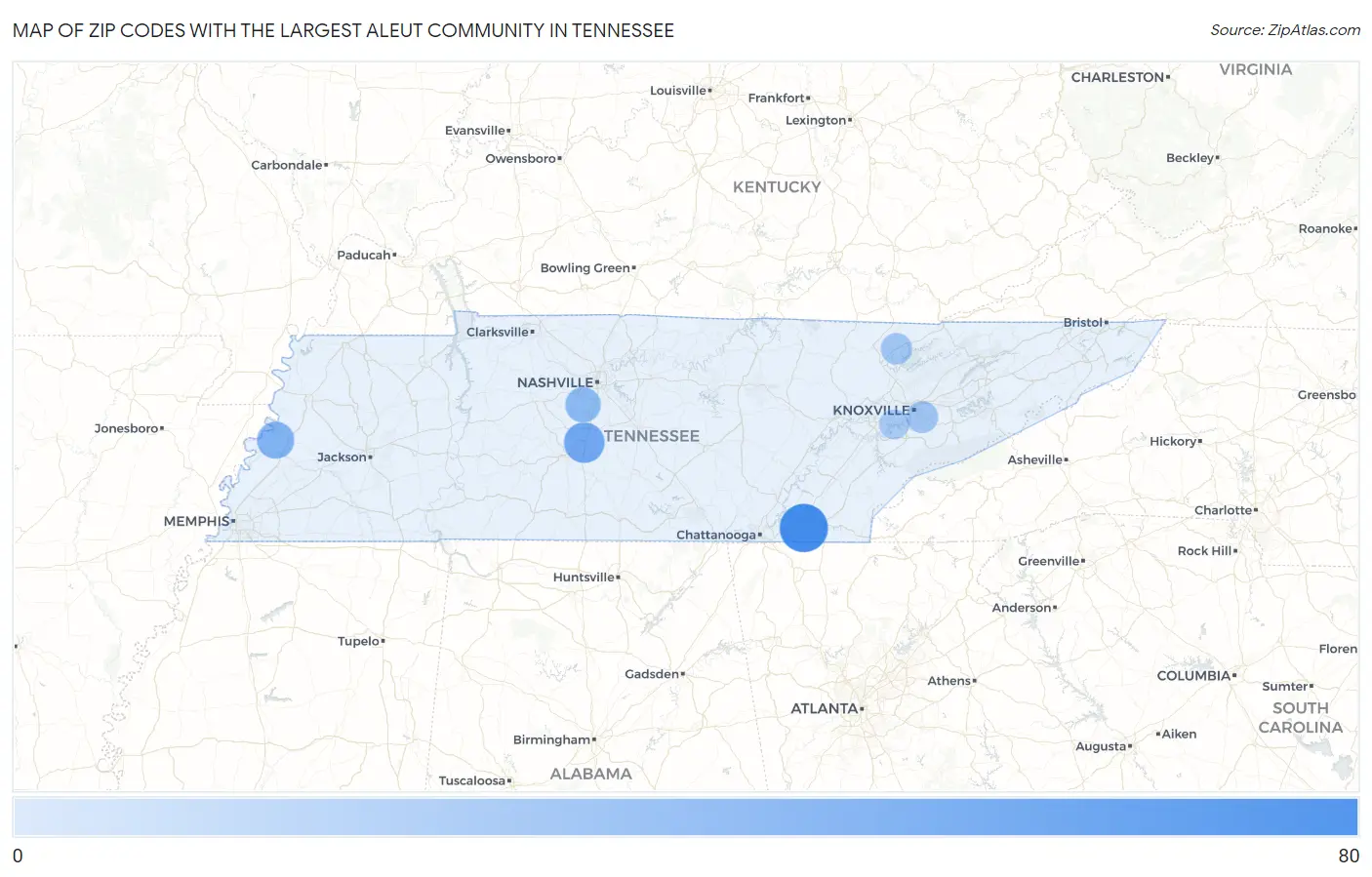 Zip Codes with the Largest Aleut Community in Tennessee Map