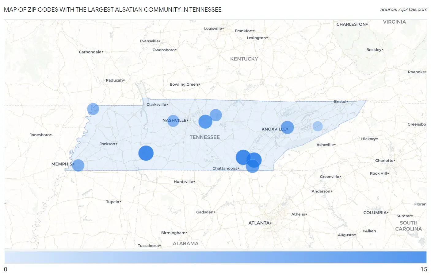 Zip Codes with the Largest Alsatian Community in Tennessee Map