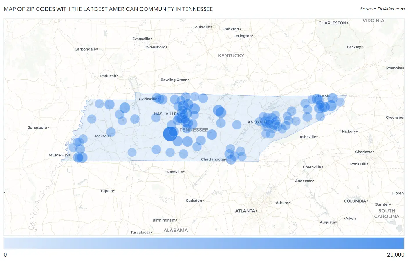 Zip Codes with the Largest American Community in Tennessee Map