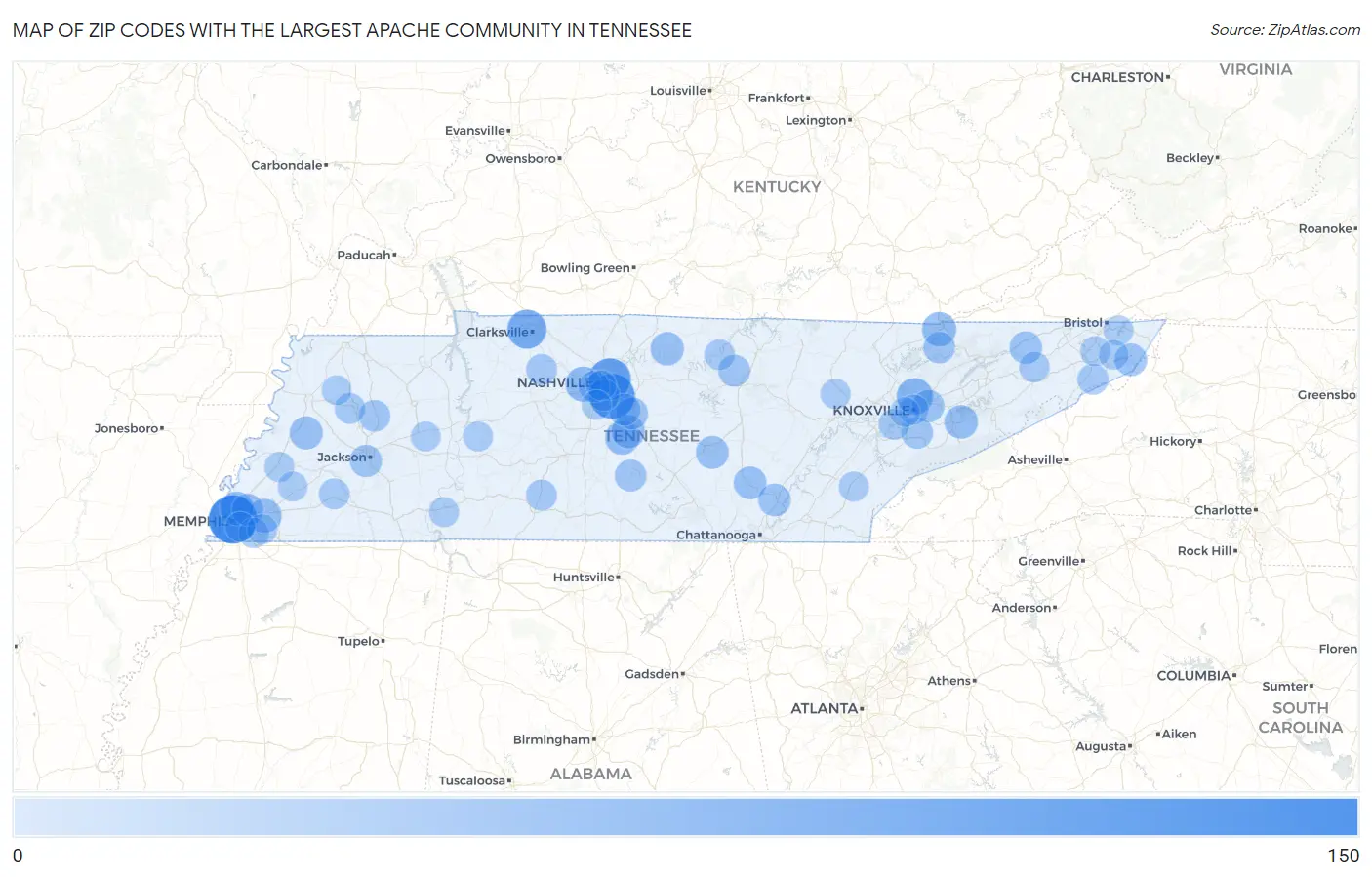 Zip Codes with the Largest Apache Community in Tennessee Map