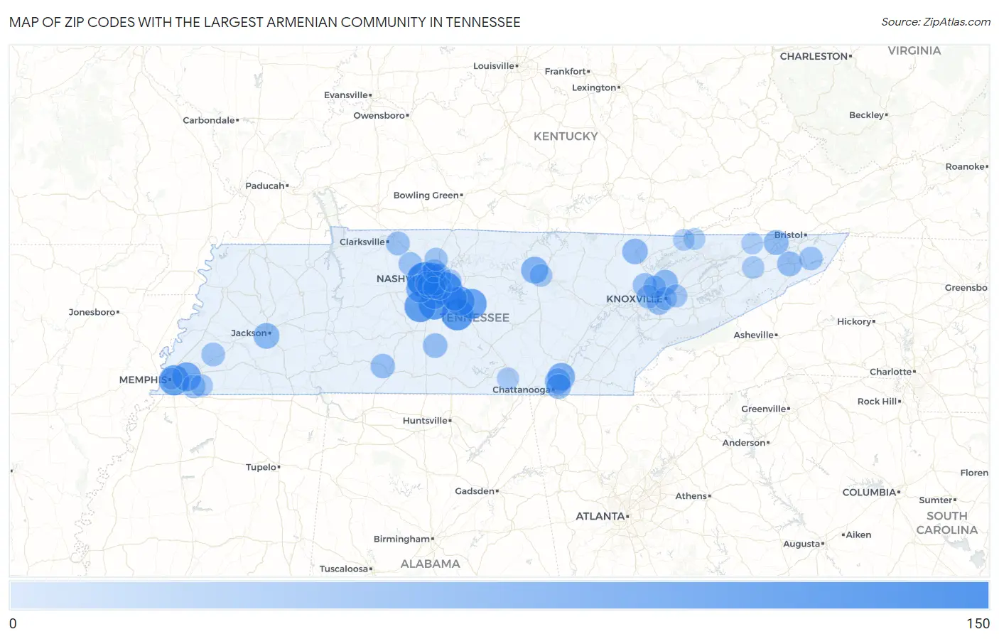 Zip Codes with the Largest Armenian Community in Tennessee Map