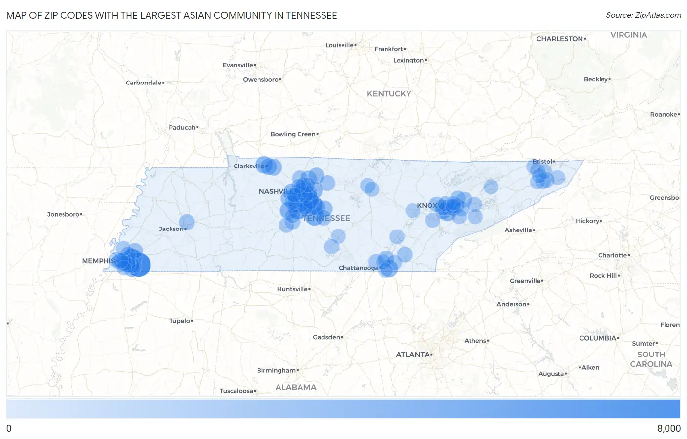 Zip Codes with the Largest Asian Community in Tennessee Map