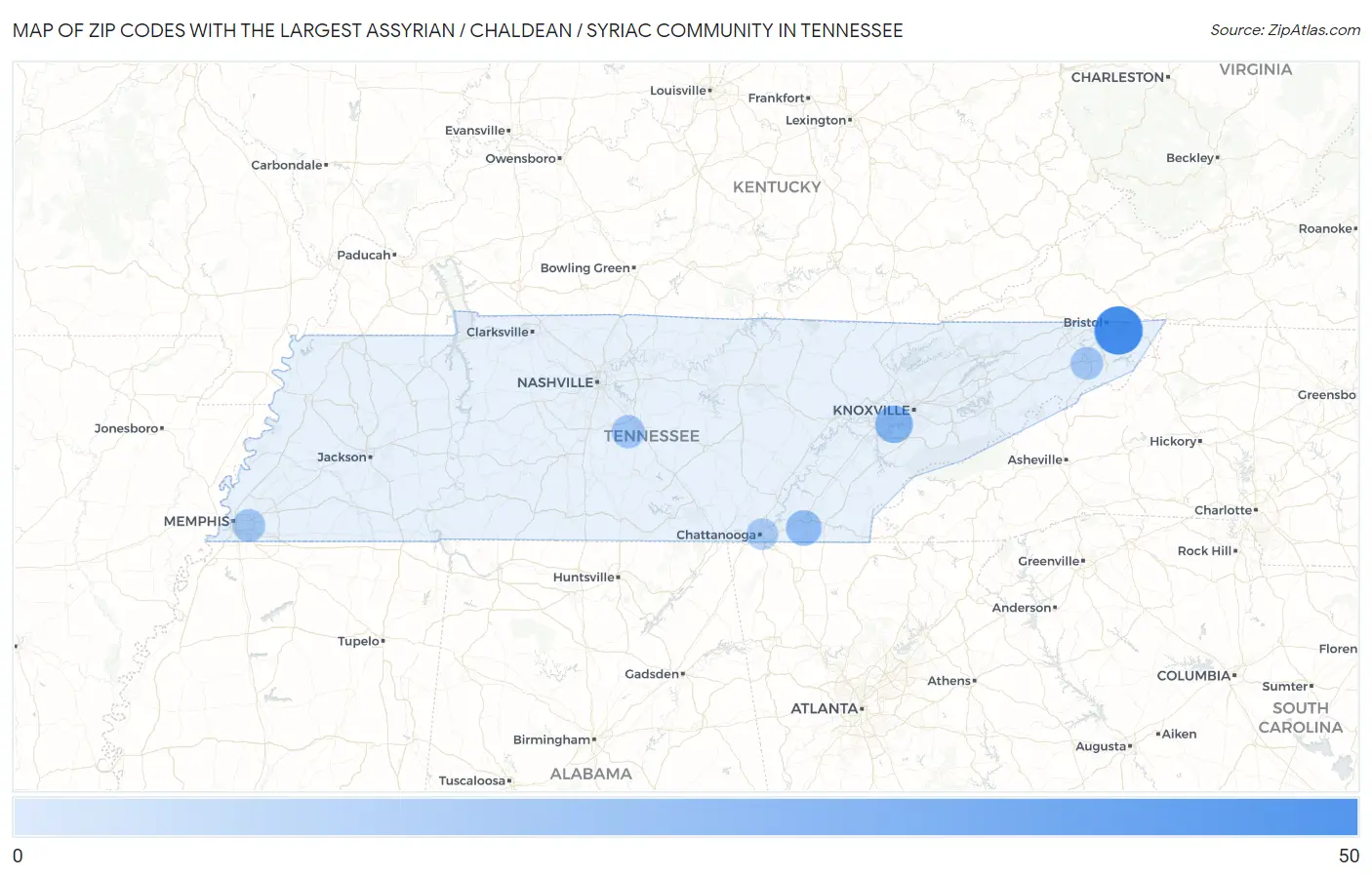 Zip Codes with the Largest Assyrian / Chaldean / Syriac Community in Tennessee Map
