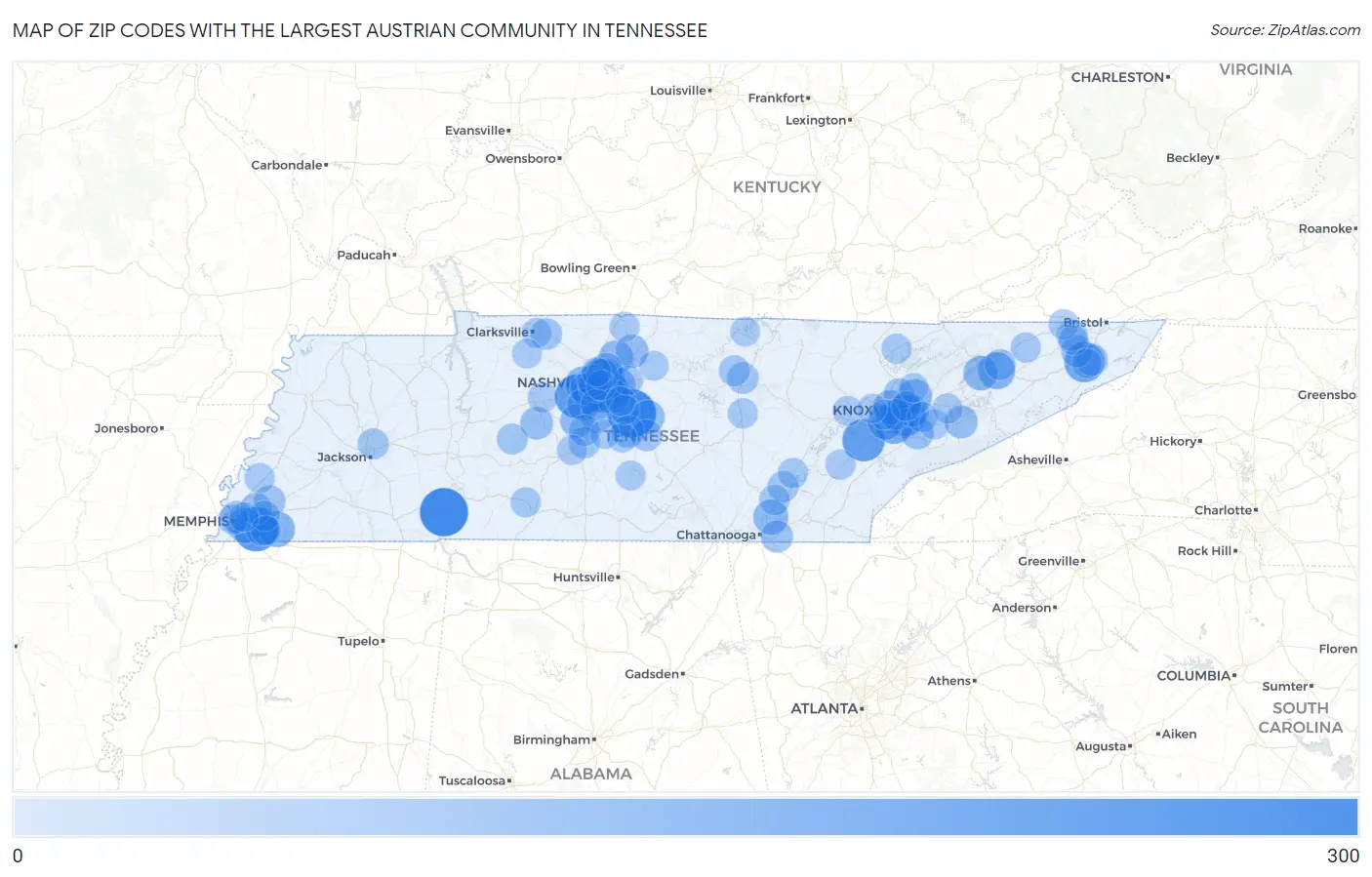 Zip Codes with the Largest Austrian Community in Tennessee Map