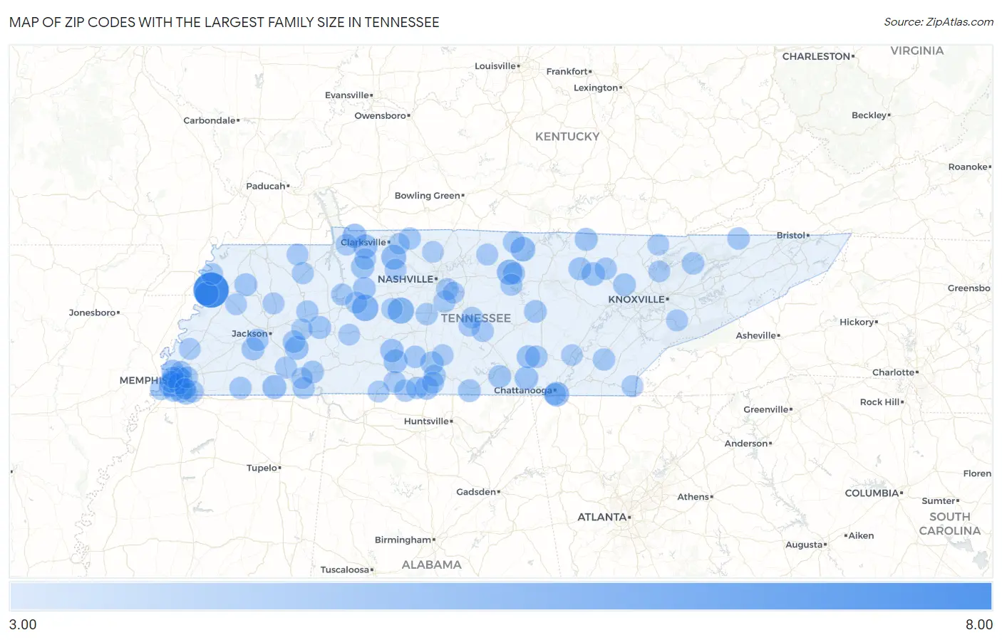 Zip Codes with the Largest Family Size in Tennessee Map