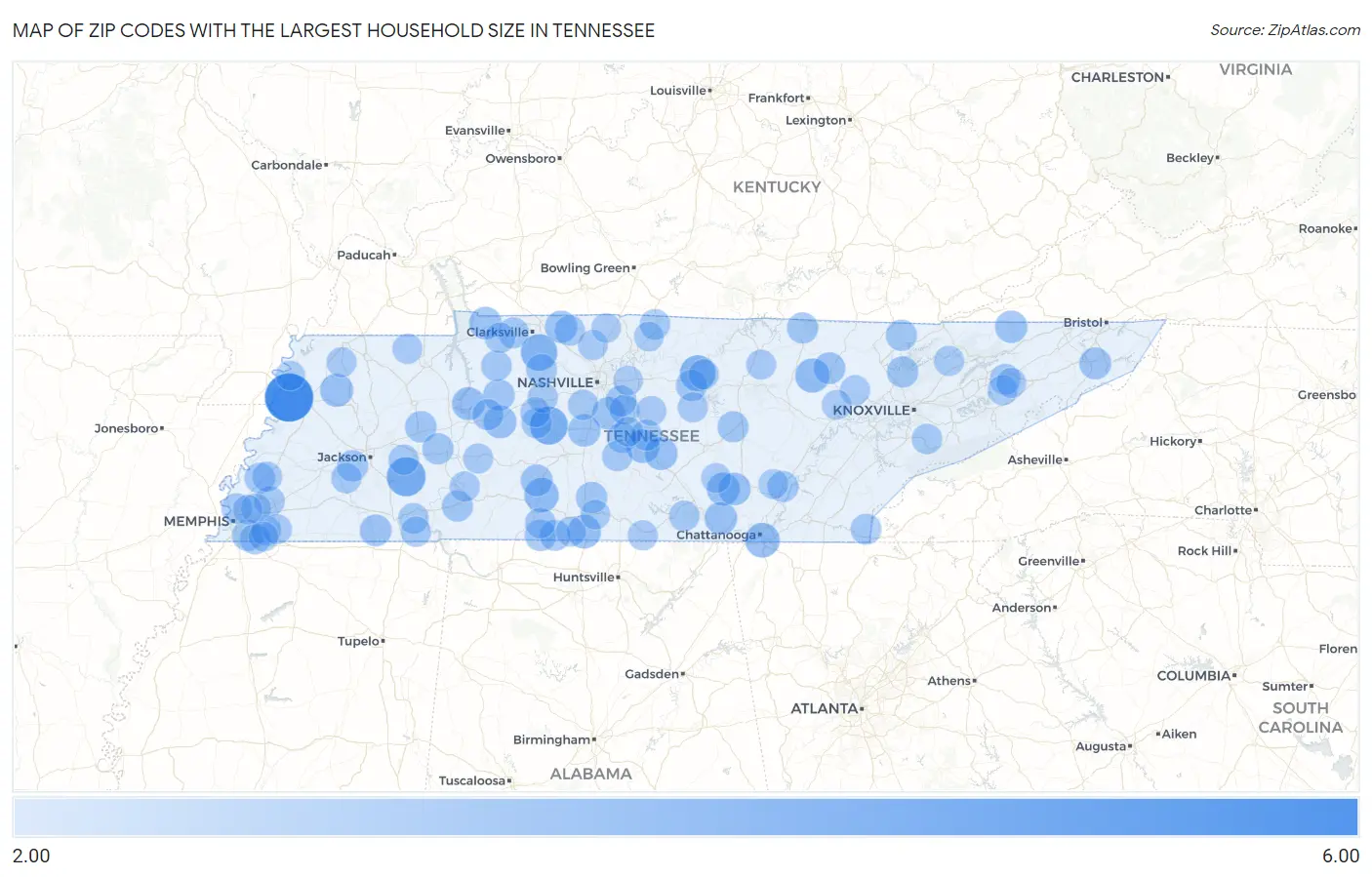 Zip Codes with the Largest Household Size in Tennessee Map