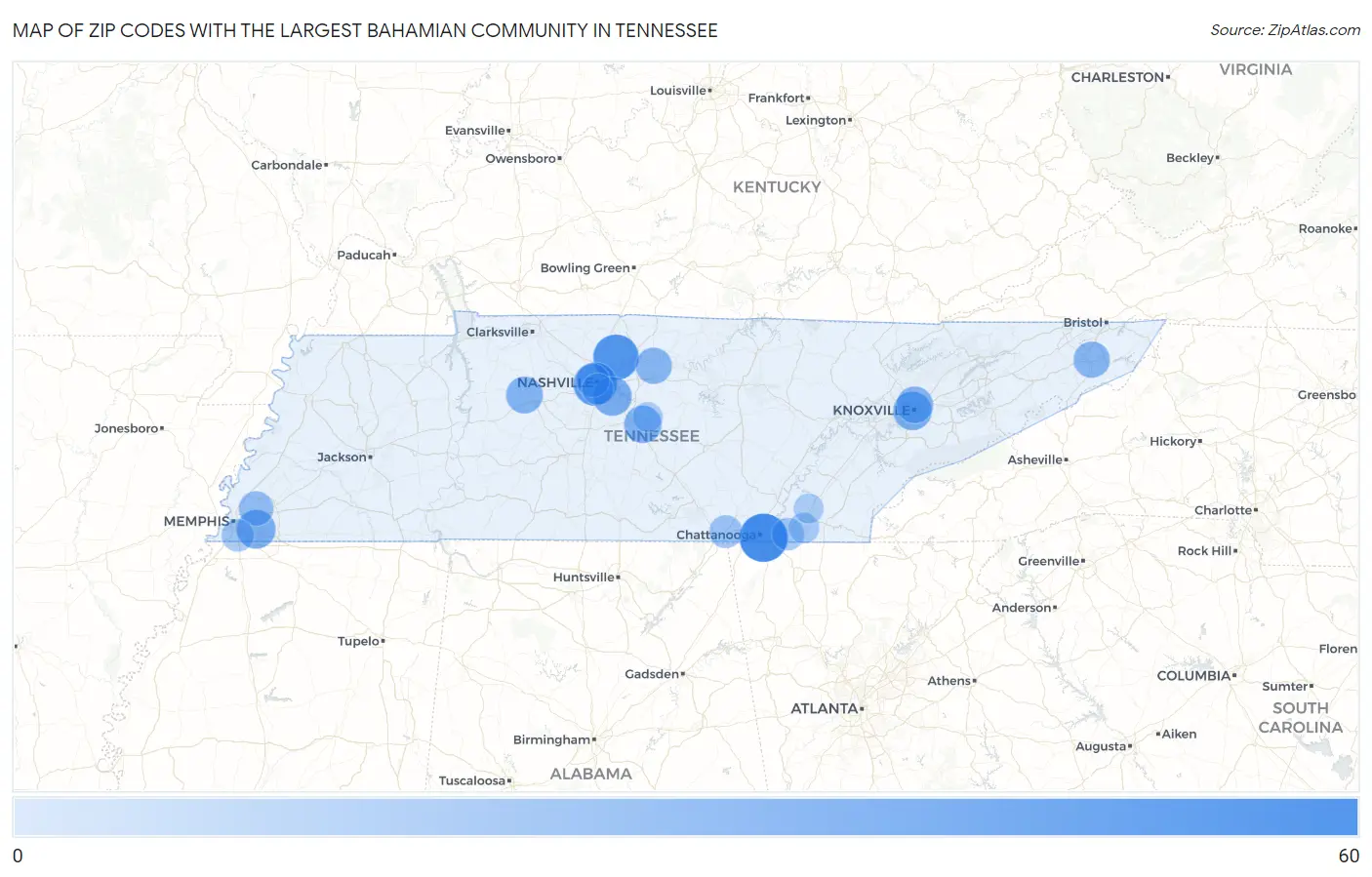 Zip Codes with the Largest Bahamian Community in Tennessee Map
