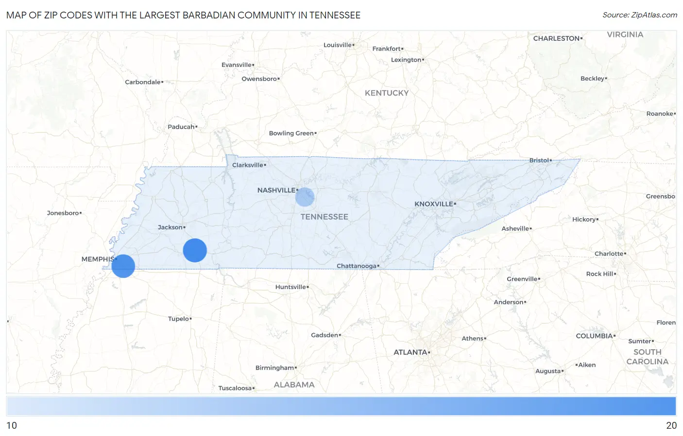 Zip Codes with the Largest Barbadian Community in Tennessee Map