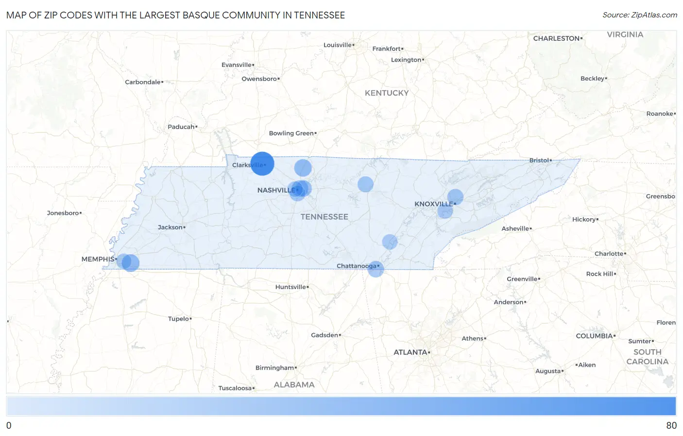 Zip Codes with the Largest Basque Community in Tennessee Map