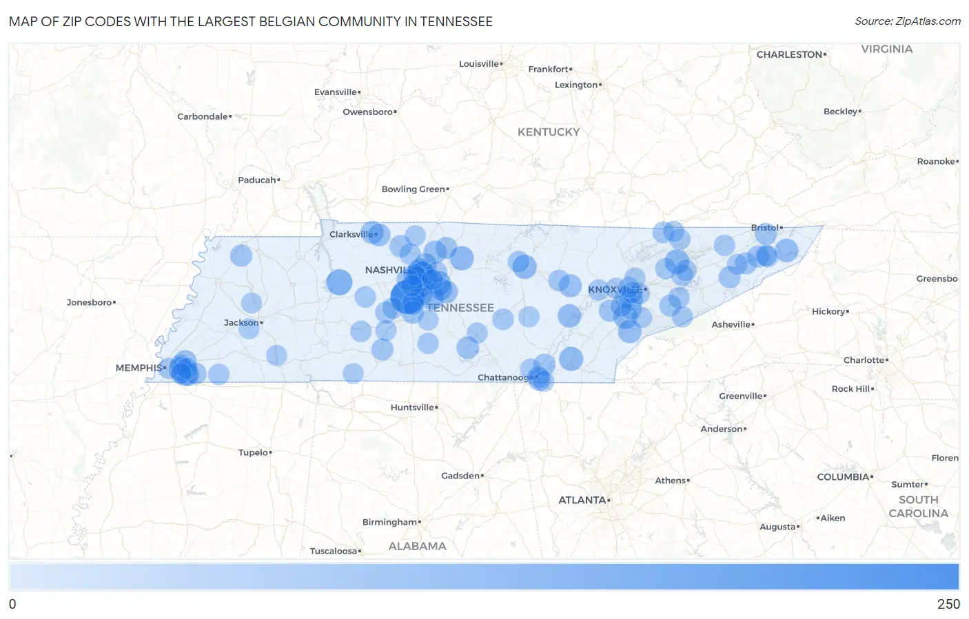 Zip Codes with the Largest Belgian Community in Tennessee Map