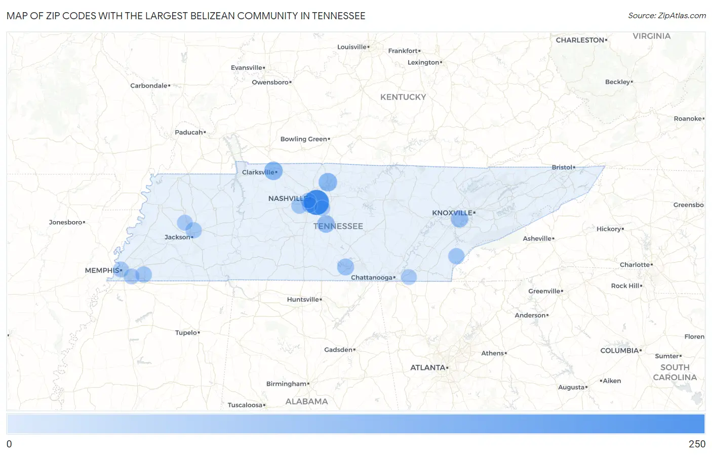 Zip Codes with the Largest Belizean Community in Tennessee Map