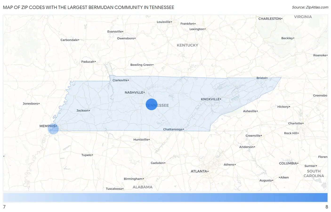 Zip Codes with the Largest Bermudan Community in Tennessee Map