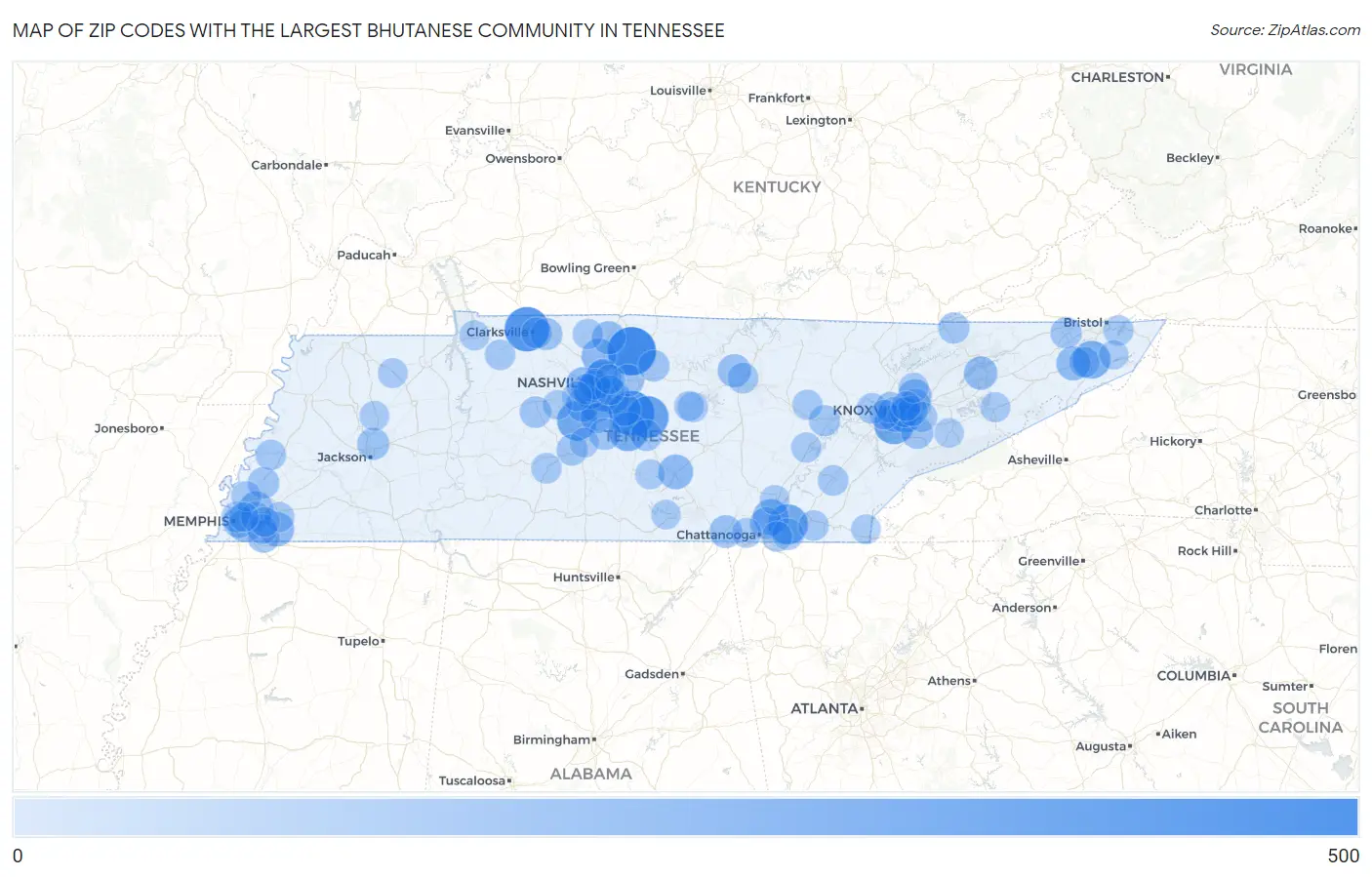 Zip Codes with the Largest Bhutanese Community in Tennessee Map
