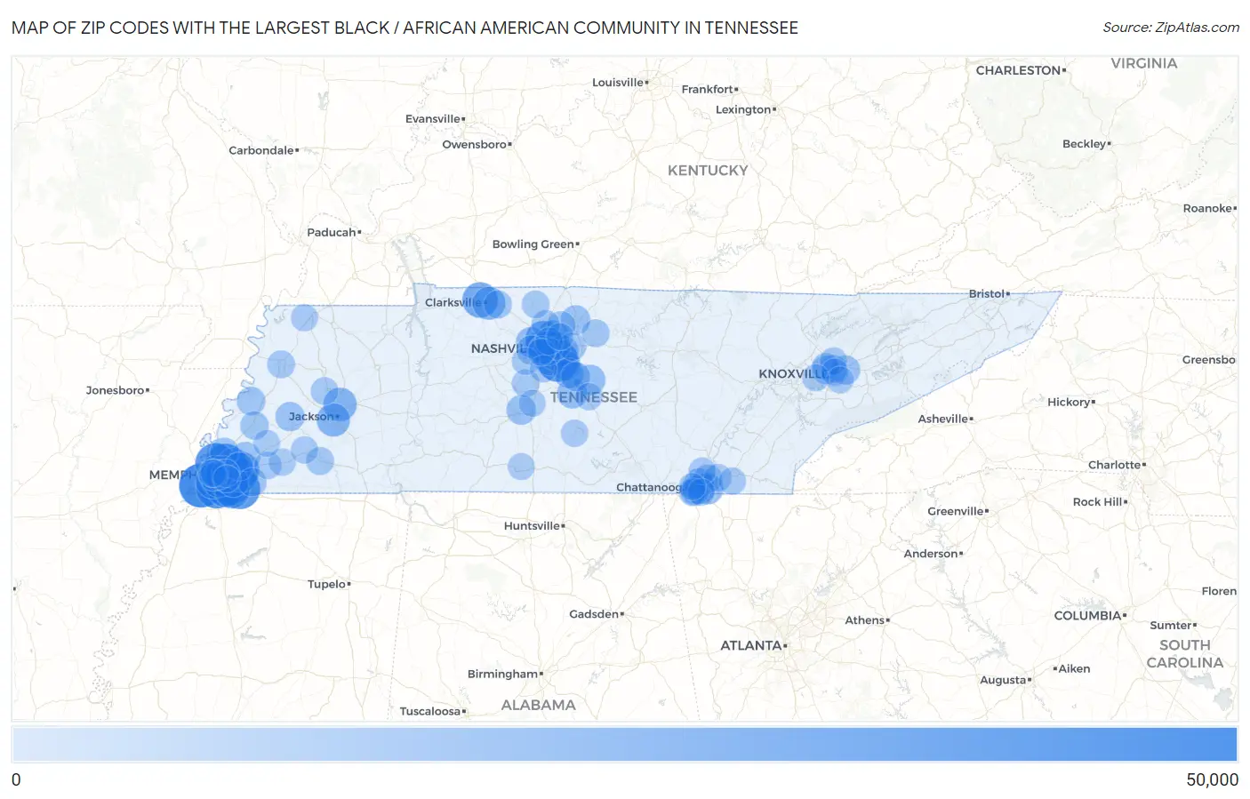 Zip Codes with the Largest Black / African American Community in Tennessee Map