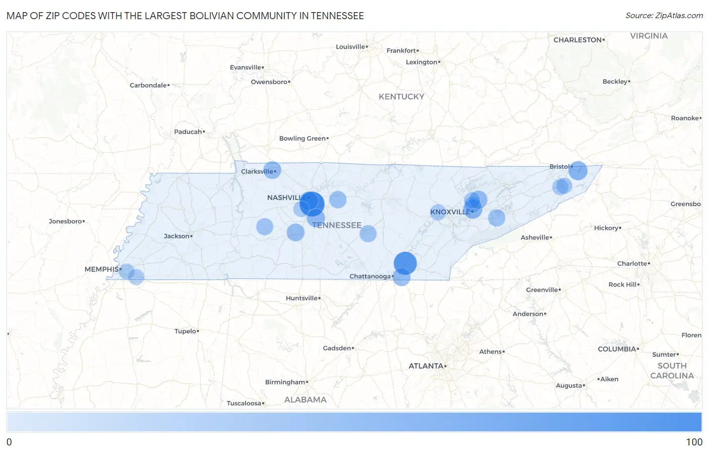 Zip Codes with the Largest Bolivian Community in Tennessee Map