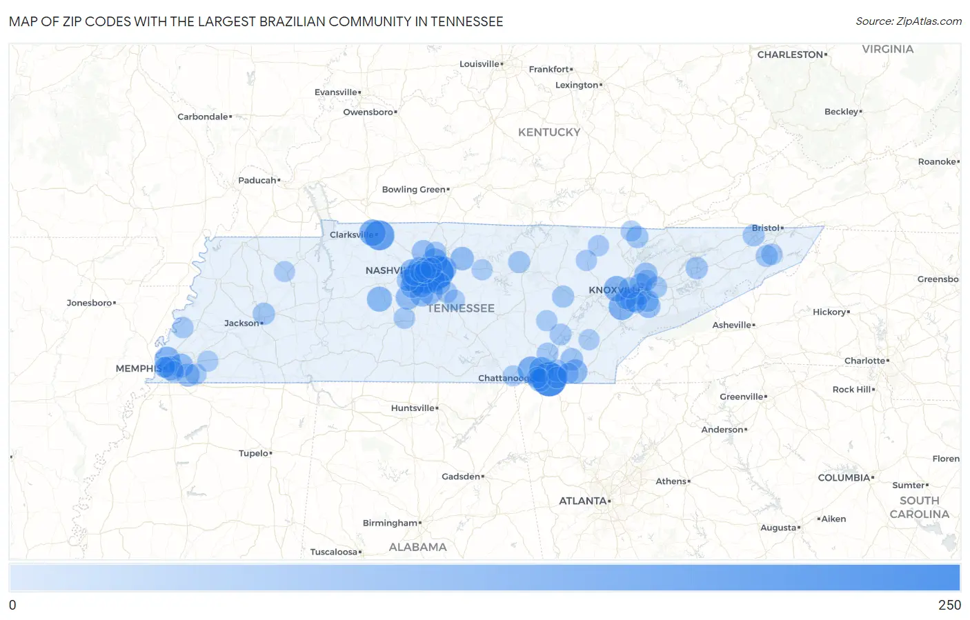 Zip Codes with the Largest Brazilian Community in Tennessee Map
