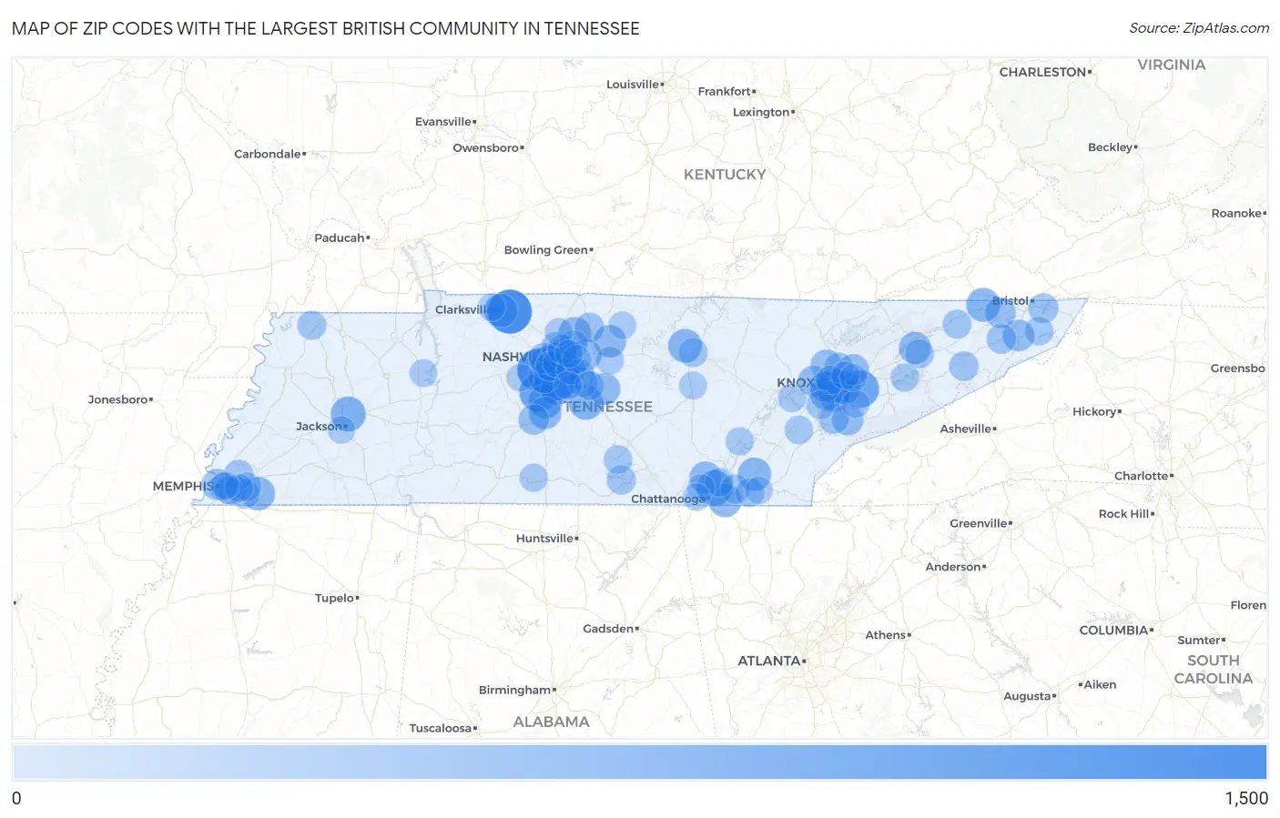 Zip Codes with the Largest British Community in Tennessee Map