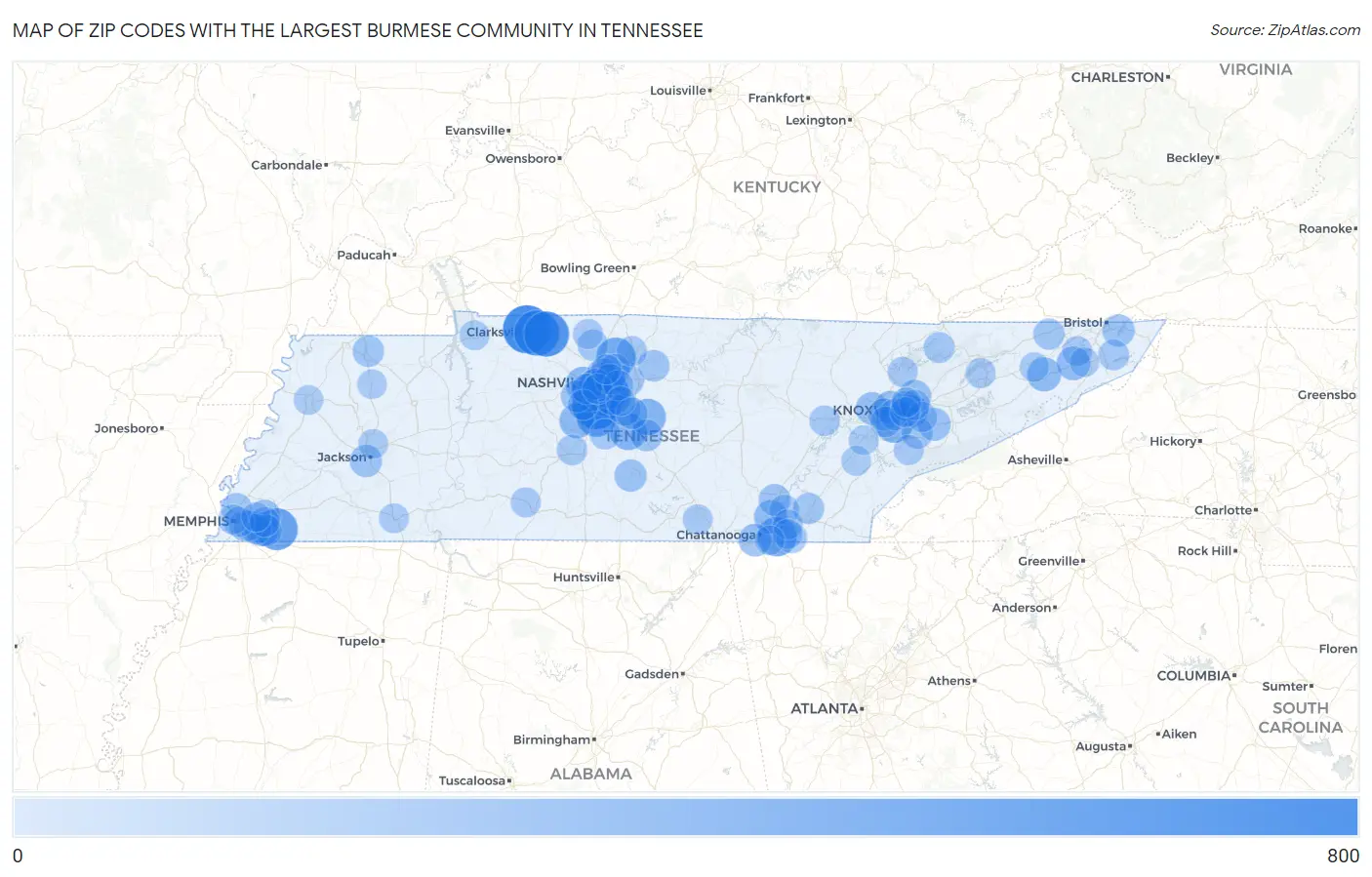 Zip Codes with the Largest Burmese Community in Tennessee Map