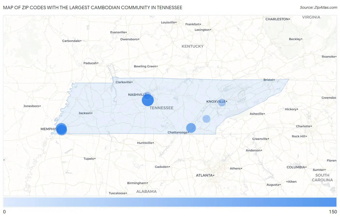 Zip Codes with the Largest Cambodian Community in Tennessee Map