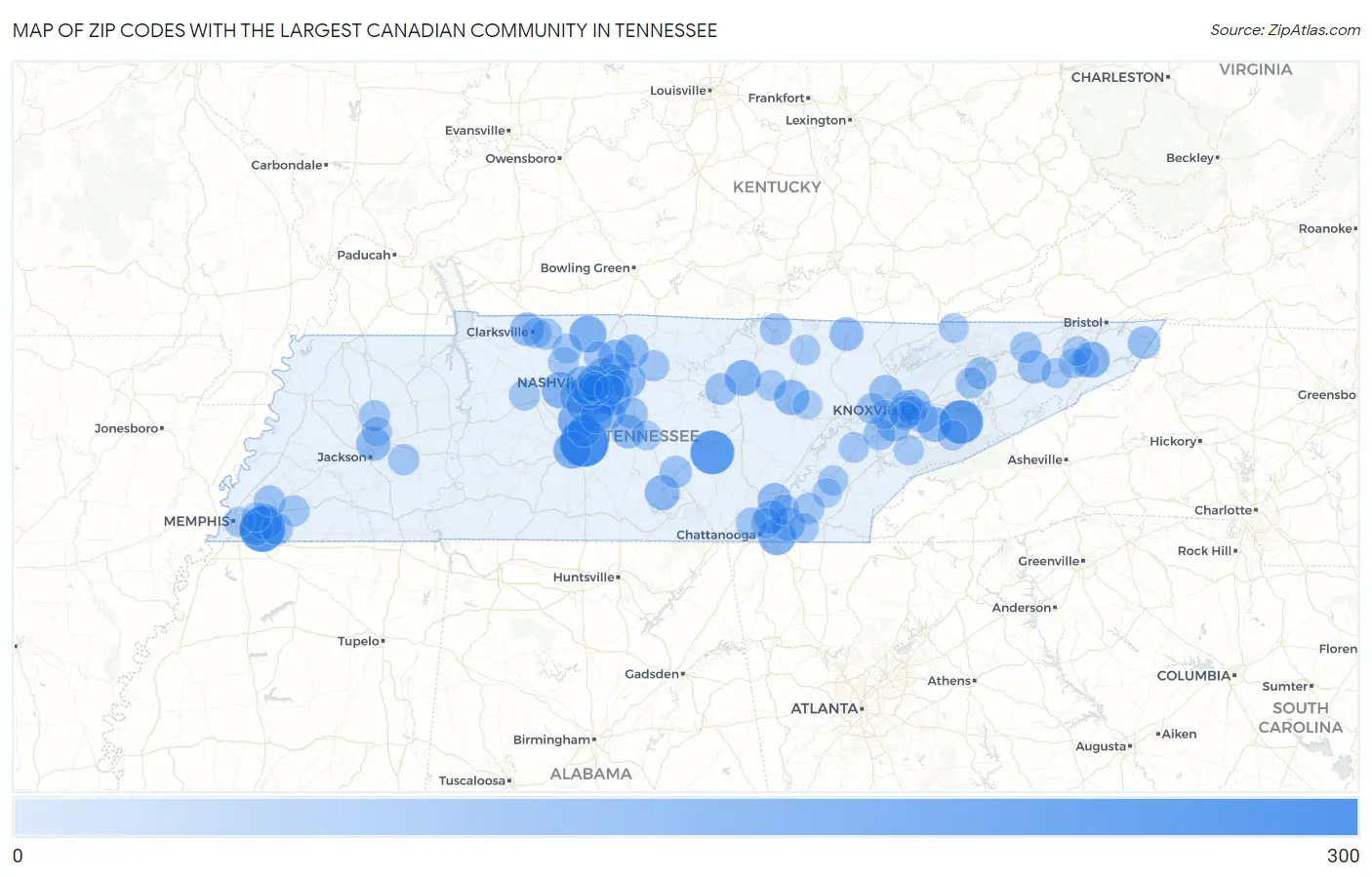 Zip Codes with the Largest Canadian Community in Tennessee Map