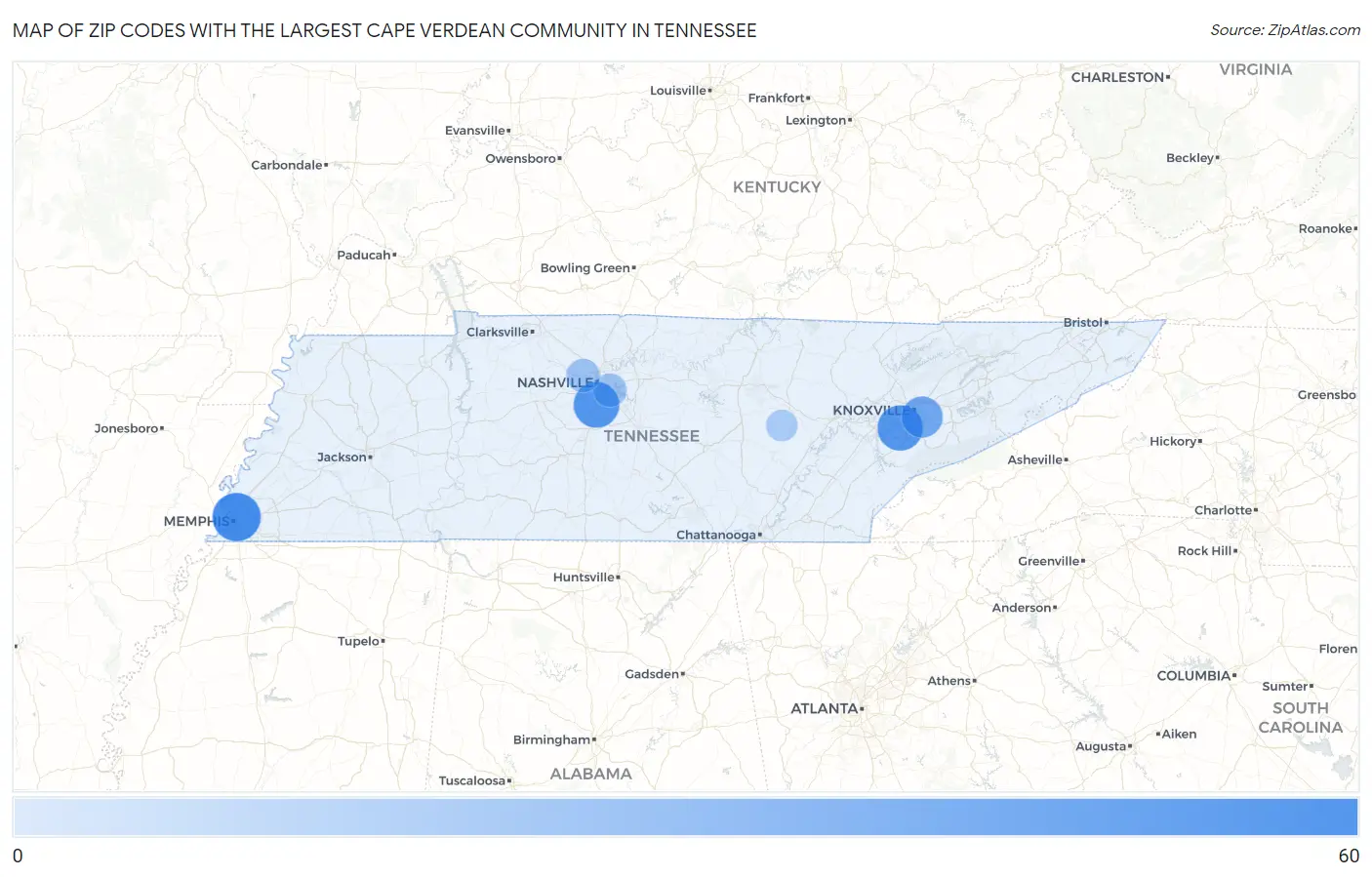 Zip Codes with the Largest Cape Verdean Community in Tennessee Map