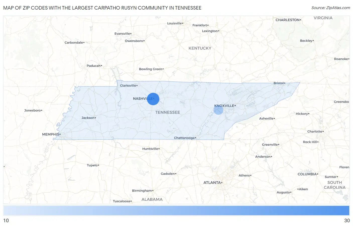 Zip Codes with the Largest Carpatho Rusyn Community in Tennessee Map