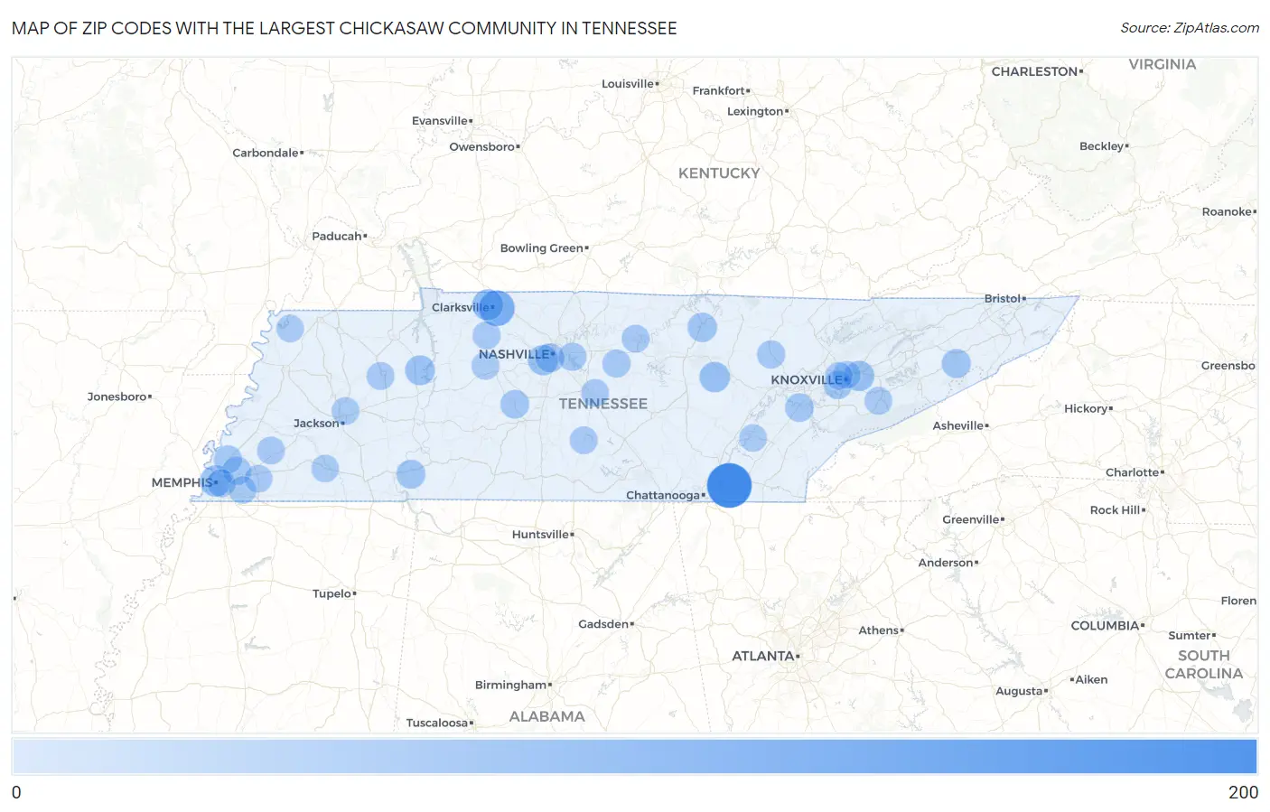 Zip Codes with the Largest Chickasaw Community in Tennessee Map