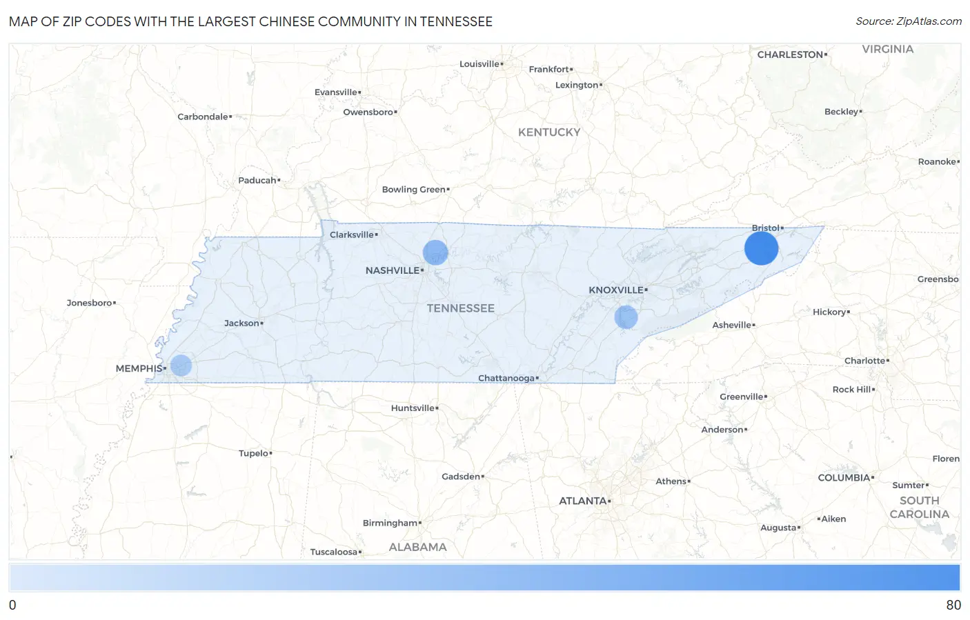 Zip Codes with the Largest Chinese Community in Tennessee Map