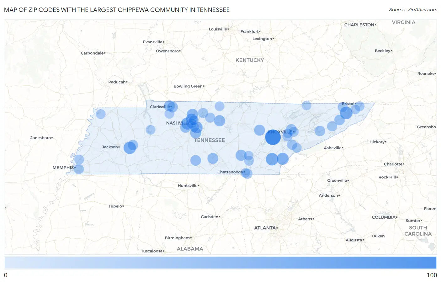 Zip Codes with the Largest Chippewa Community in Tennessee Map