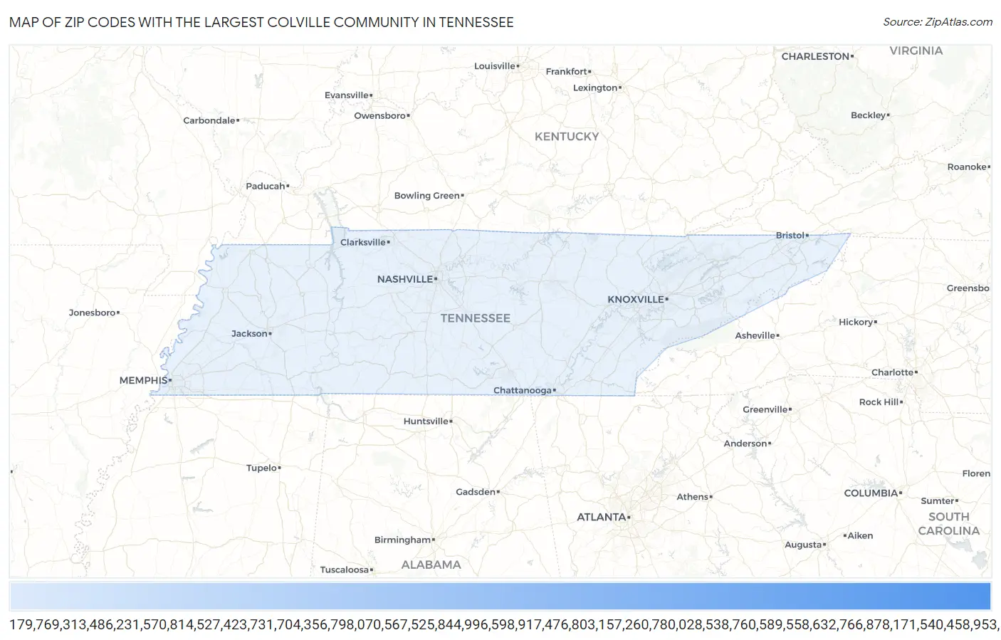 Zip Codes with the Largest Colville Community in Tennessee Map