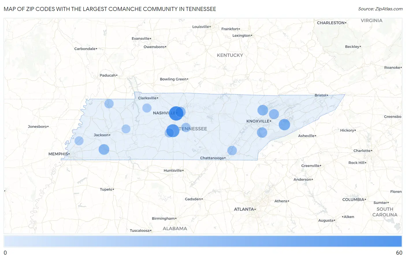 Zip Codes with the Largest Comanche Community in Tennessee Map