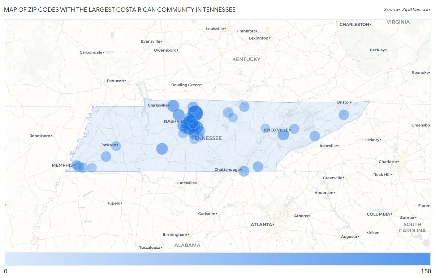 Zip Codes with the Largest Costa Rican Community in Tennessee Map