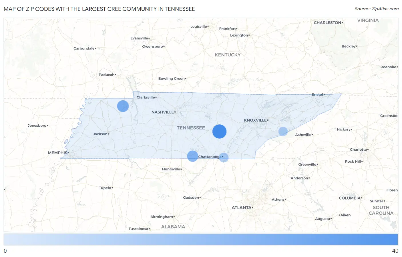 Zip Codes with the Largest Cree Community in Tennessee Map
