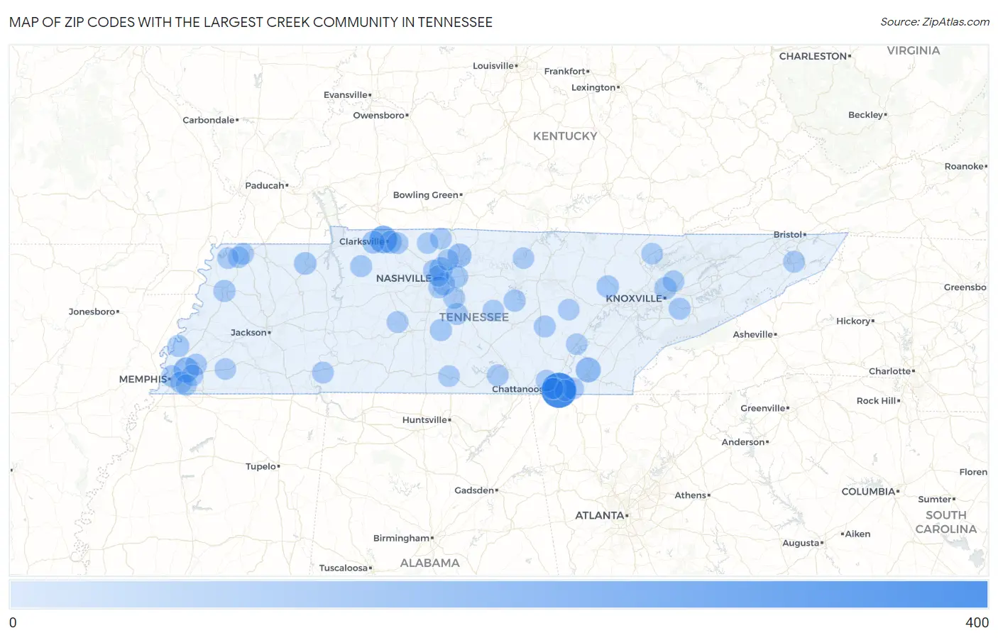 Zip Codes with the Largest Creek Community in Tennessee Map