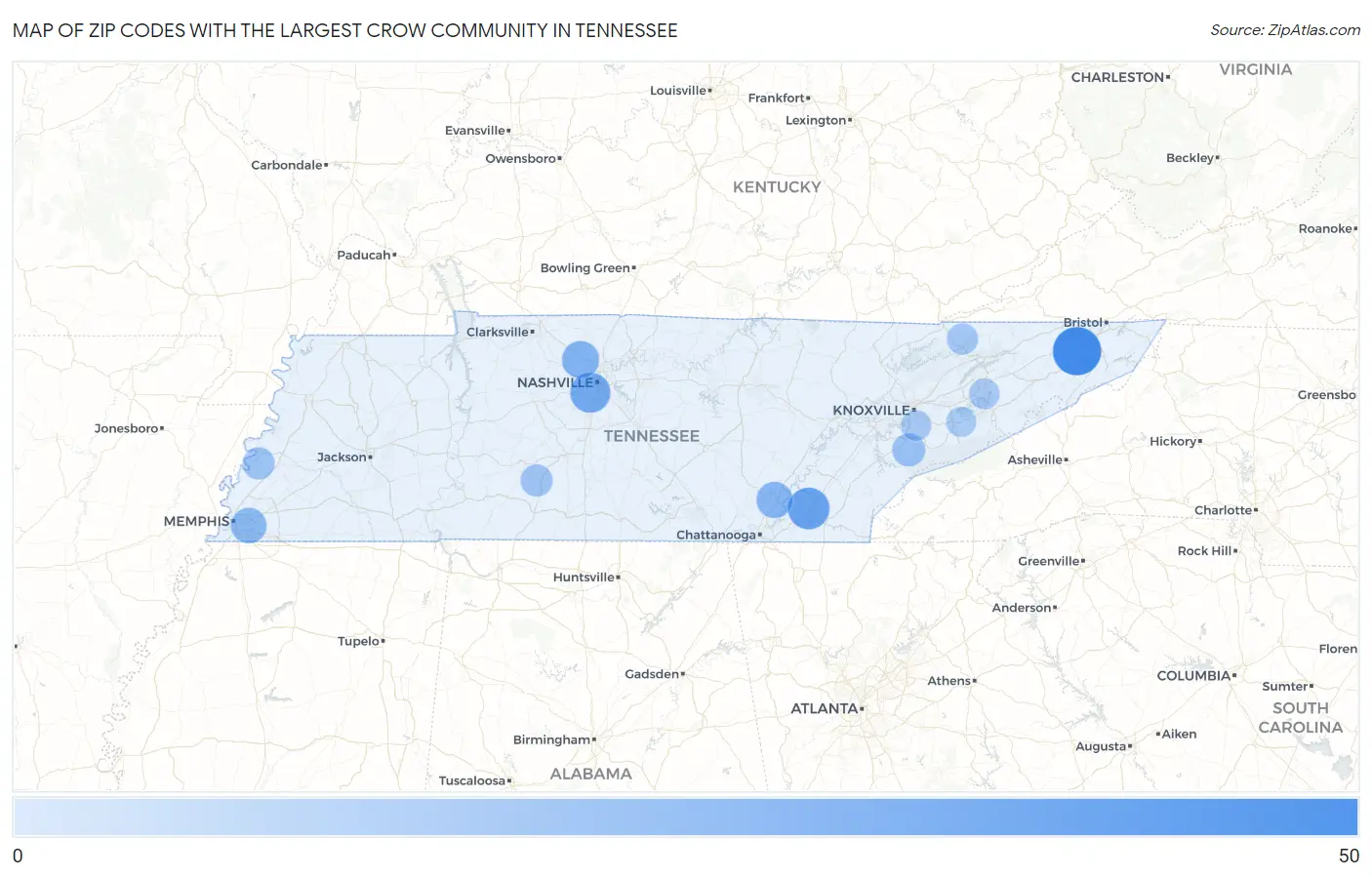 Zip Codes with the Largest Crow Community in Tennessee Map